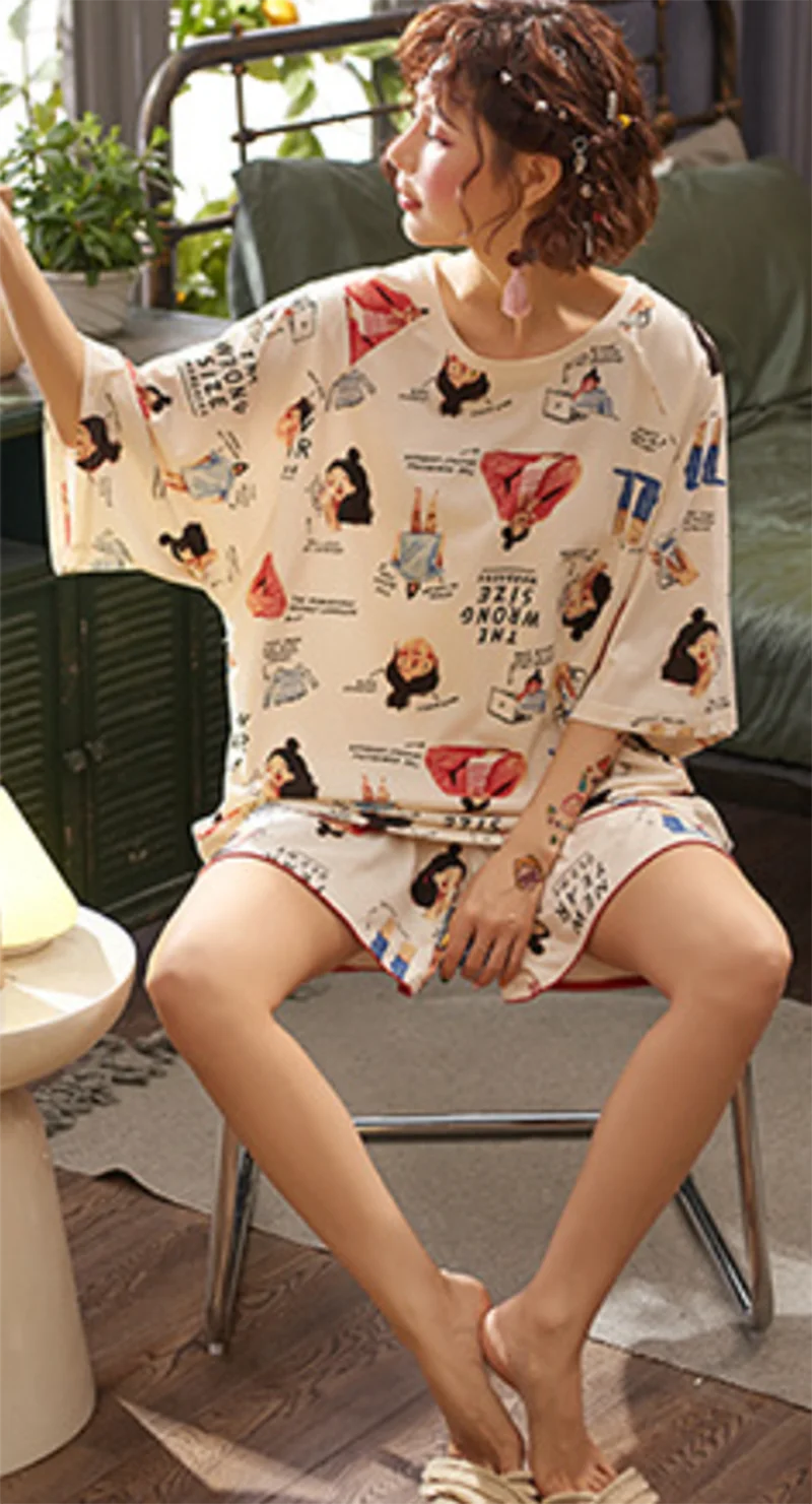 New Fashionable White Black Cartoon Home Clothes Cute Lovely Turn-Down Collar Short Sleeve Short Pants Homewear Soft Breathable