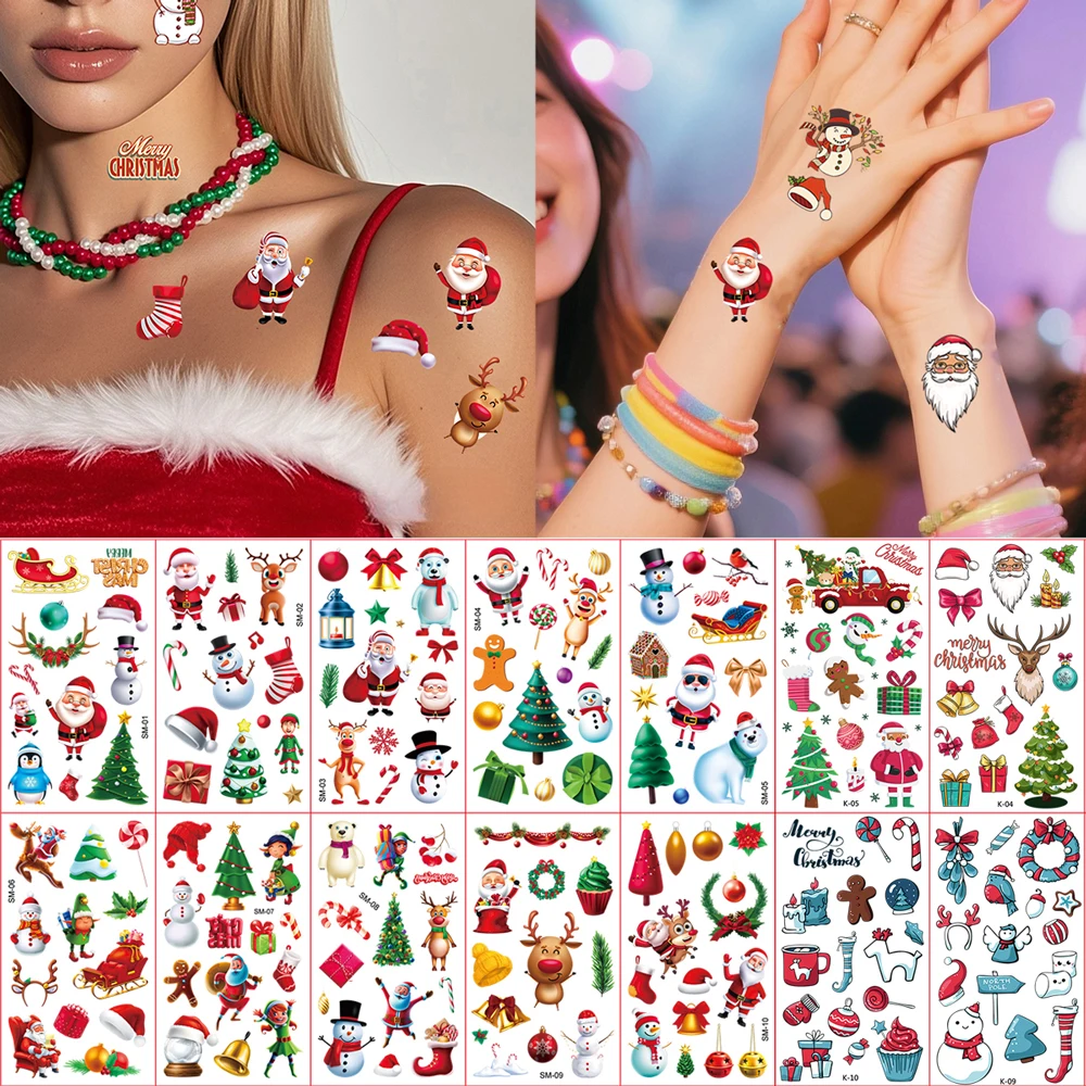 10pcs Christmas Temporary Tattoos Santa Claus Snowflake Gift Christmas Tree Fake Tattoo for Women Men Hand Tattoo Body Art