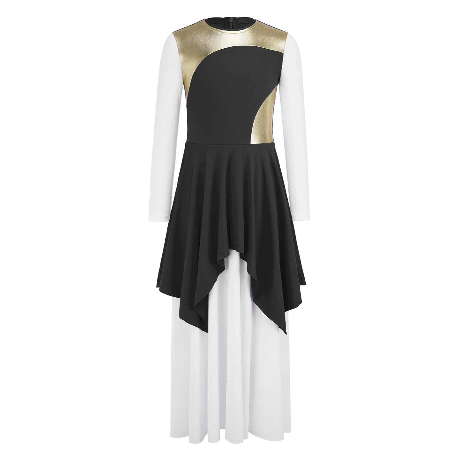 Kids Girls Praise Dance Dress Liturgical Costume Worship Church Robe Color Block Long Sleeve Metallic Patchwork Maxi Dress