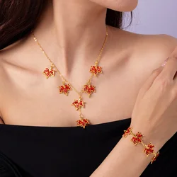 Vintage Red Zircon Maple Leaf Bracelet Necklace Jewelry Set For Women Earrings Stud Clavicle Chain Necklace Party Gift