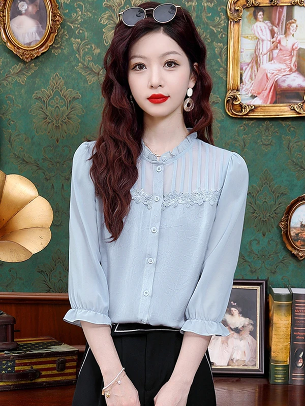 

Женская летняя блузка с воротником-стойкой и кружевной отделкой, свободного кроя, в корейском стиле, с рукавом 3/4, модный топ