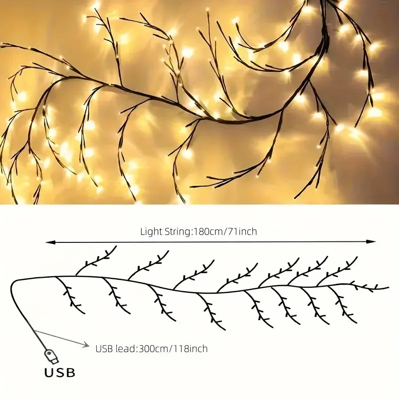 1pc Willow Vine Lights Room Decoration 180cm/70.8in Flexible Magic Fairy Lights With USB 96 LED Twinkle Tree Lights Branches