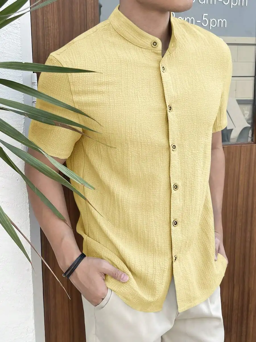 Manfinity VCAY Men's Casual Faux Linen Embroidered Short Sleeve Shirt,Mandarin Collar Button Down Grandad Top,Slim Fit