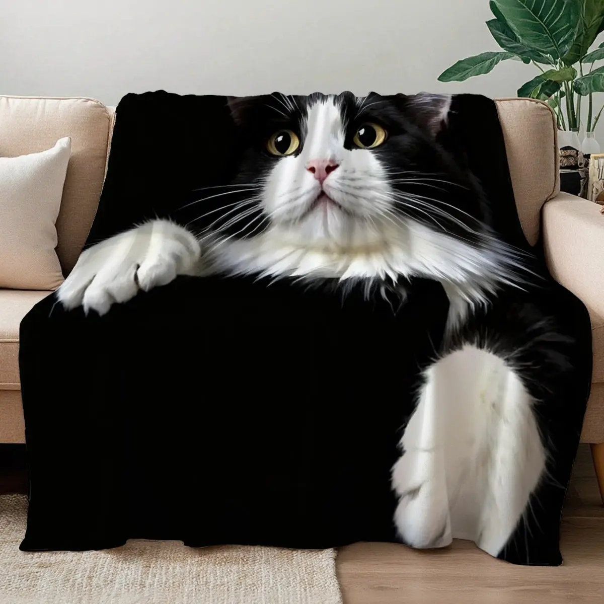 Peeking Tuxedo Cat Flannel Blanket, Realistic Fluffy Pet Cat Art Throw for Living Room Bedroom & Warm Holiday Gift Picks