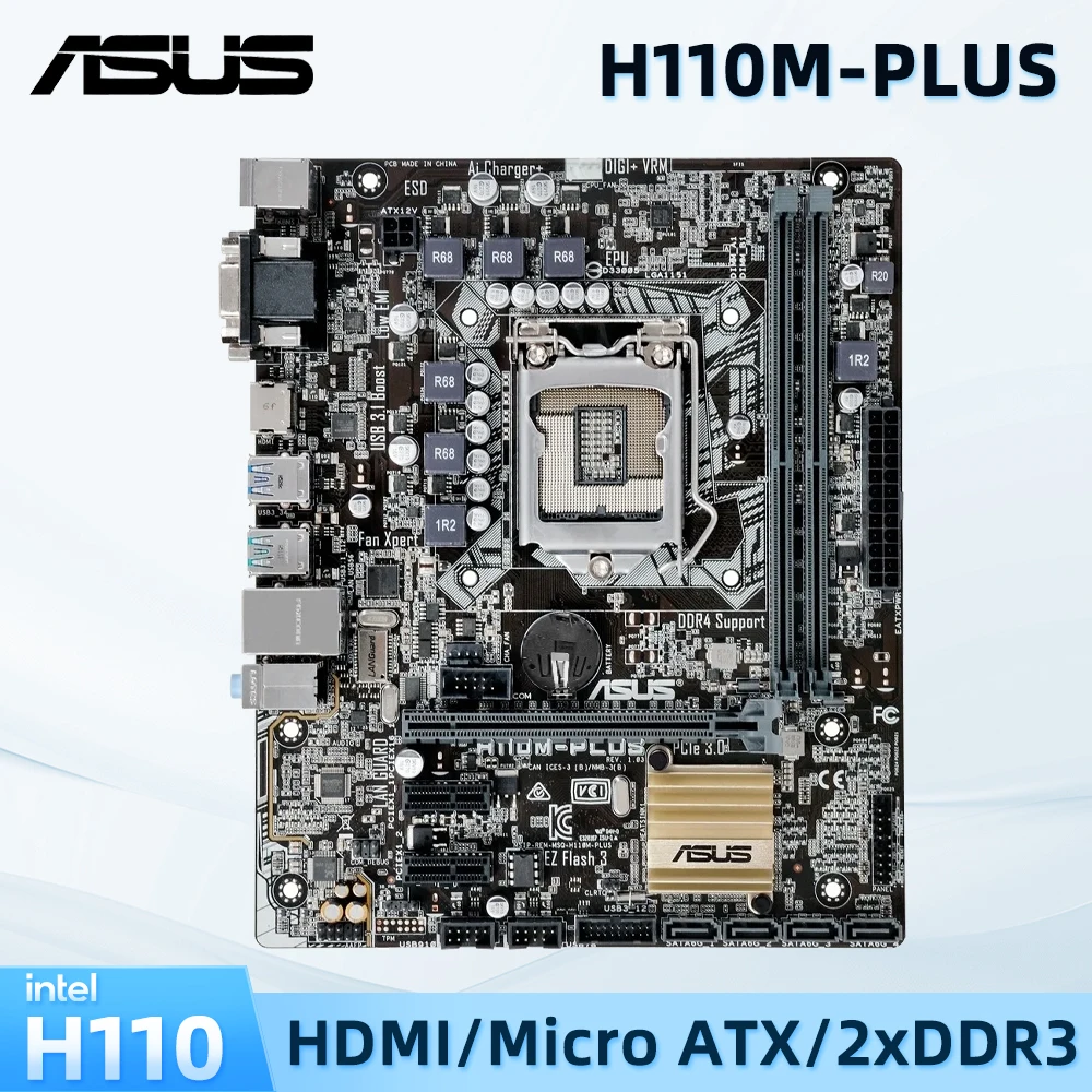 

ASUS H110M-PLUS Motherboard Socket LGA 1151 Supports 6th 7th Gen i3 i5 i7 Intel H110 Chipset 2x DIMM Max. 32GB DDR4 Micro ATX