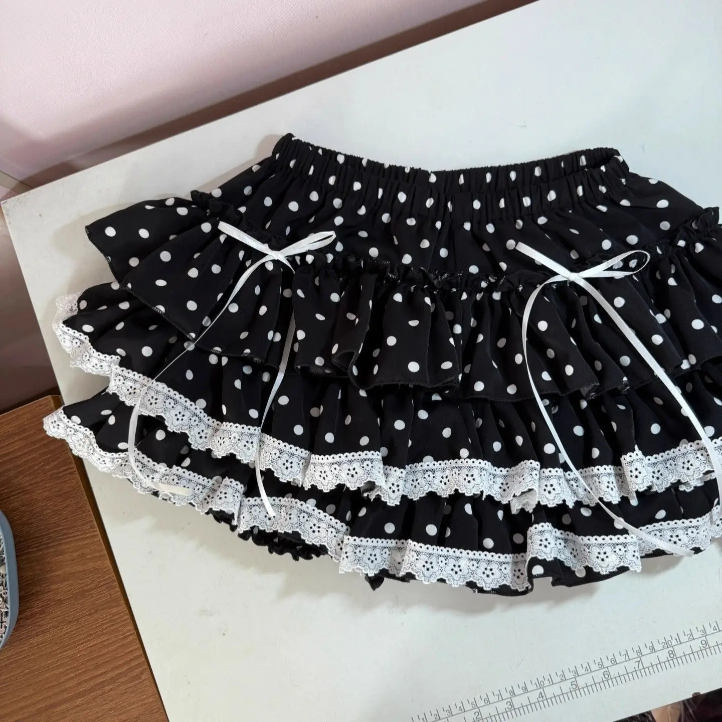 Y2K Sweet Lolita Polka Dot Mini Skirt Japanese Tiered Ruffle Lace Trim White Bow Black White Harajuku Subculture Party Outfit