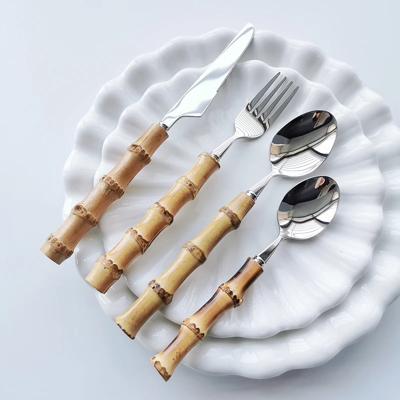 Dinnerware Sets Original Nature Bamboo Handle Stainless Steel Upscale Cutlery Fork Spoon Home Kitchen Tableware Drop Ship