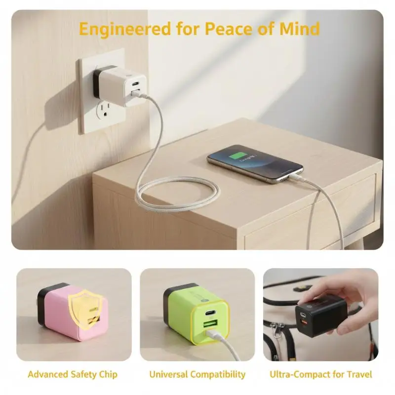 20W US Wall Fast Charger Dual PD Ports High‑Speed Charging Adapter for Smartphones Tablets Home Office Travel