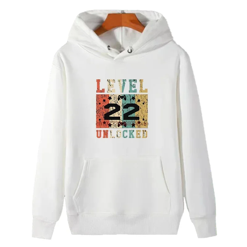 Level 22 (Twenty Two) Unlocked Funny Retro Video Games Graphic Hooded Sweatshirts Winter Thick Sweater Hoodie Male Clothes