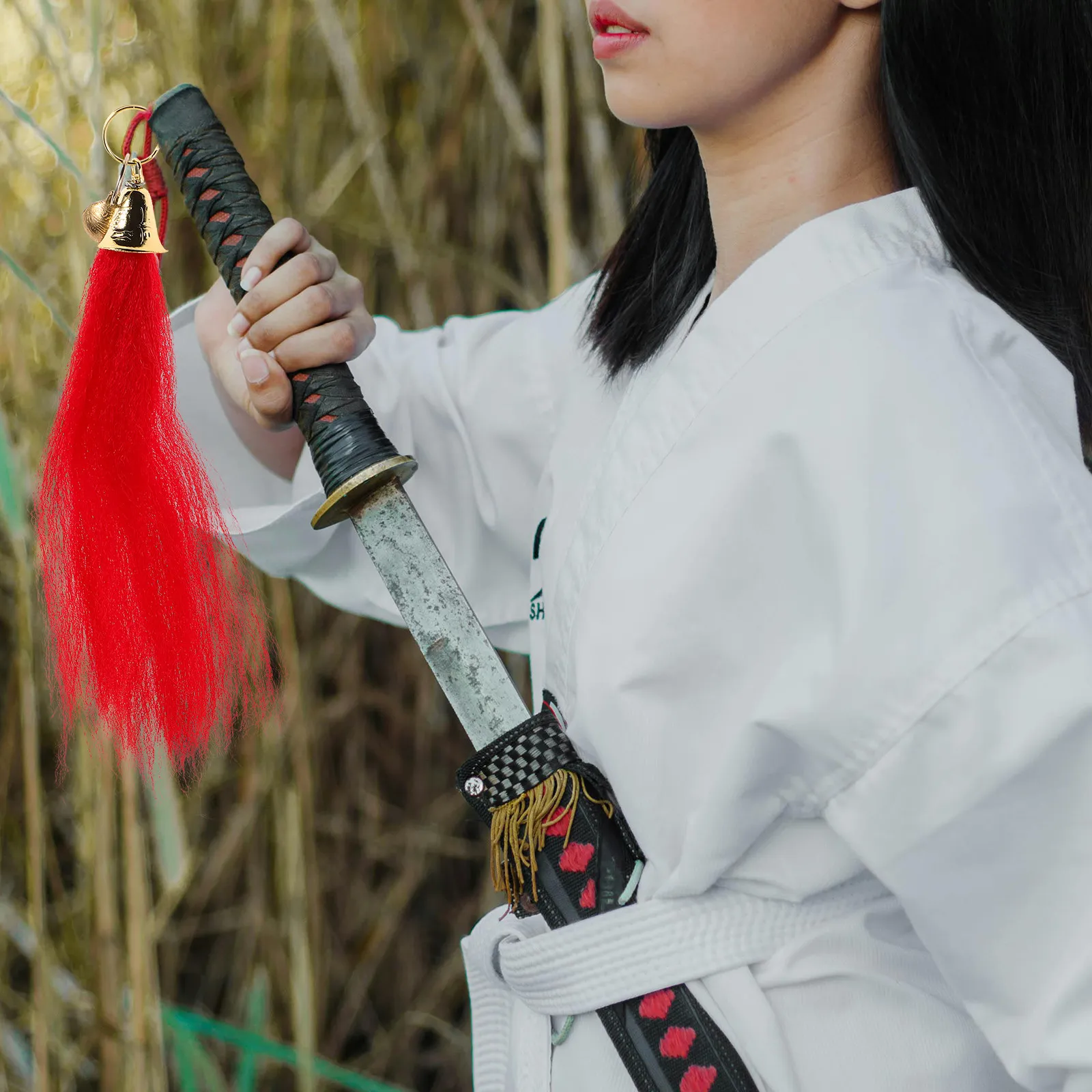 Martial Art Tassel Ornament with Fiber Tassel and Jingle Bell for Tai Chinese Drama Fencing Performance