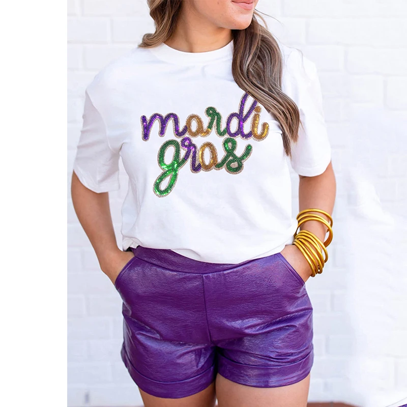 Round Neck Short Sleeve T Shirt Sequin Mardi Gras Letter Graphic Tees