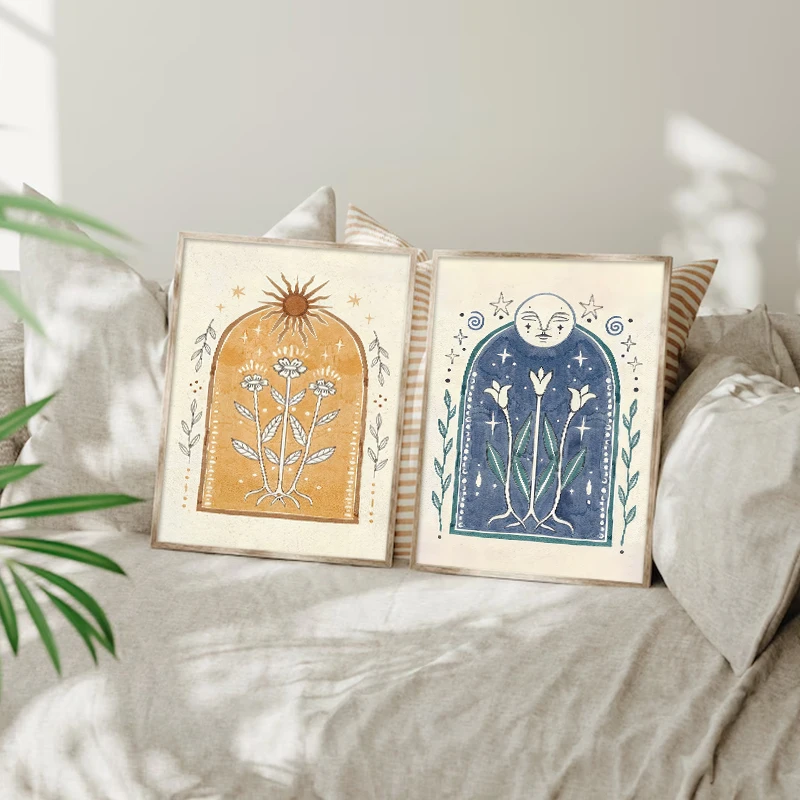 Moon Sun Poster Fine Art Print Bohemian Home Gallery Wall Rustic Hanging Floral Yellow Hippie Decor Handmade