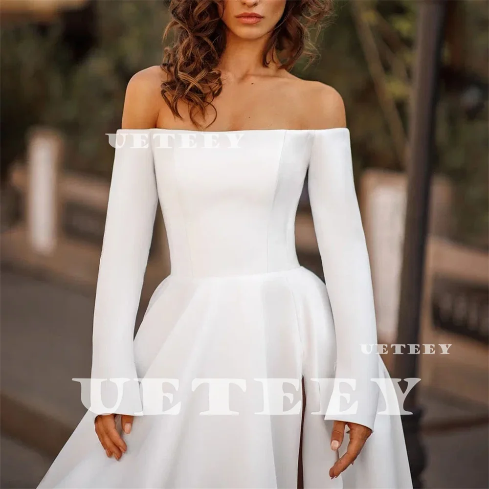 UETEEY Customized Simple Pearl Off Shoulder Crepe A Line Wedding Dress For Women Slit Zipper Back Bridal Gown vestidos de novia