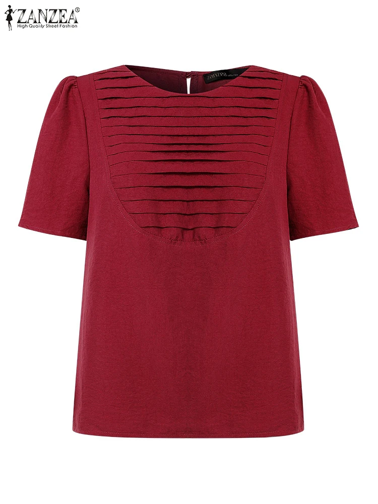 

ZANZEA Summer Pleated Women Elegant Blouses 2025 Fashion Solid Color Shirts Work Office Tunic Tops Short Sleeve Sweet OL Blusas