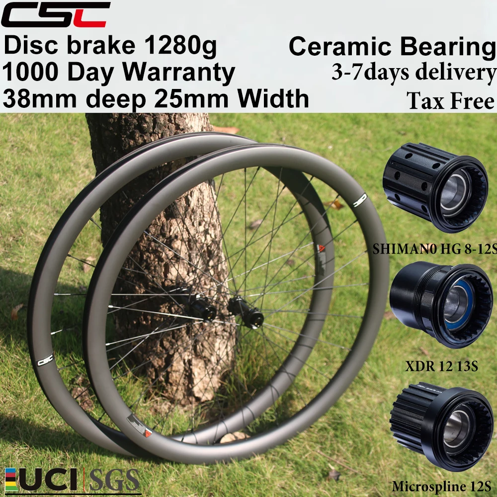 Roues de vélo de cyclocross CSC 700C en carbone, freins à disque en céramique, cliquet 54T, 38 mm de profondeur, 25 mm de largeur, 1280 g, jeu de roues de vélo de route UCI