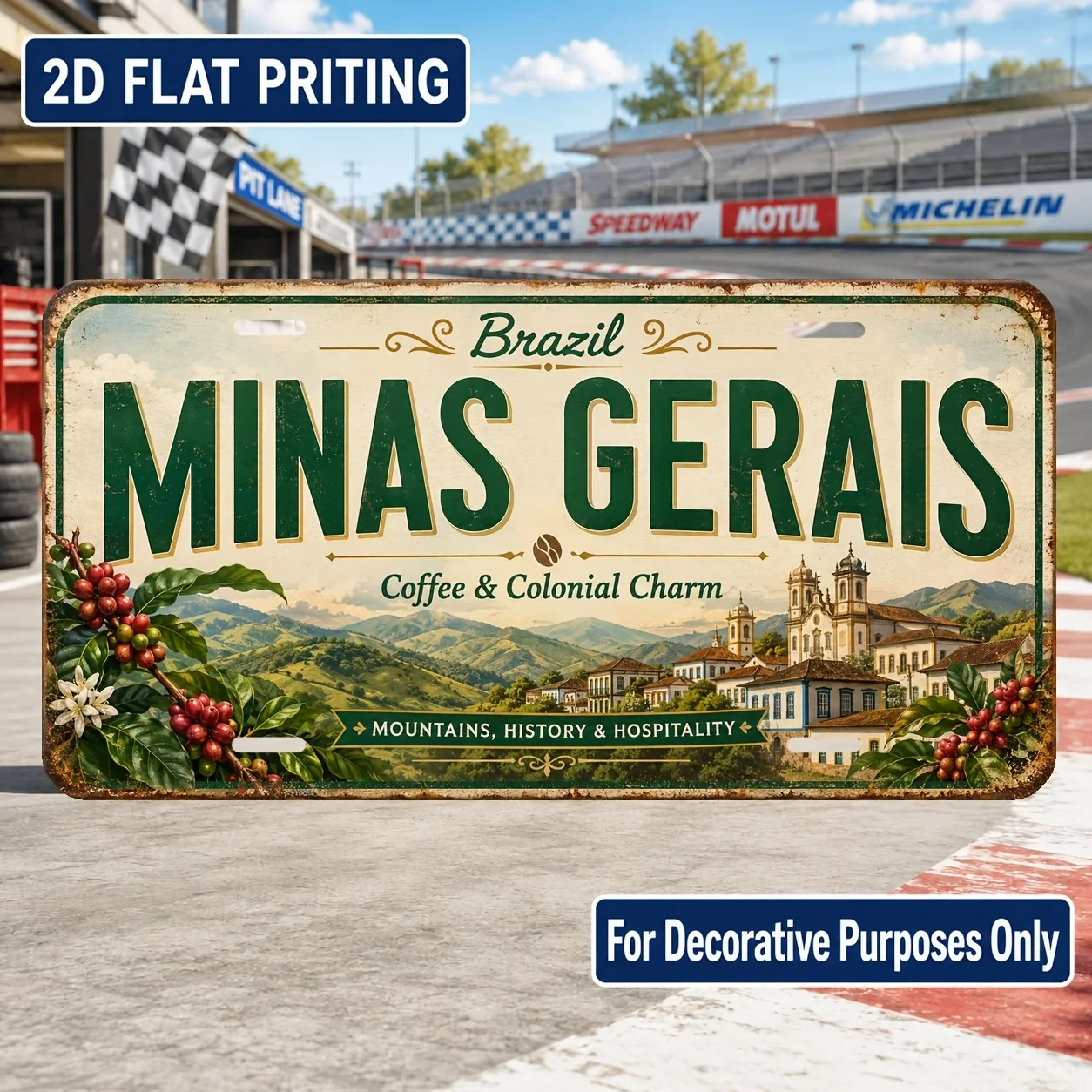 2D Flat, [2D Flat] 2D Flat Plane, 1pc, Vintage Metal License Plate Wall Sign, Minas Gerais Theme - Durable and Fade-Resistant, I