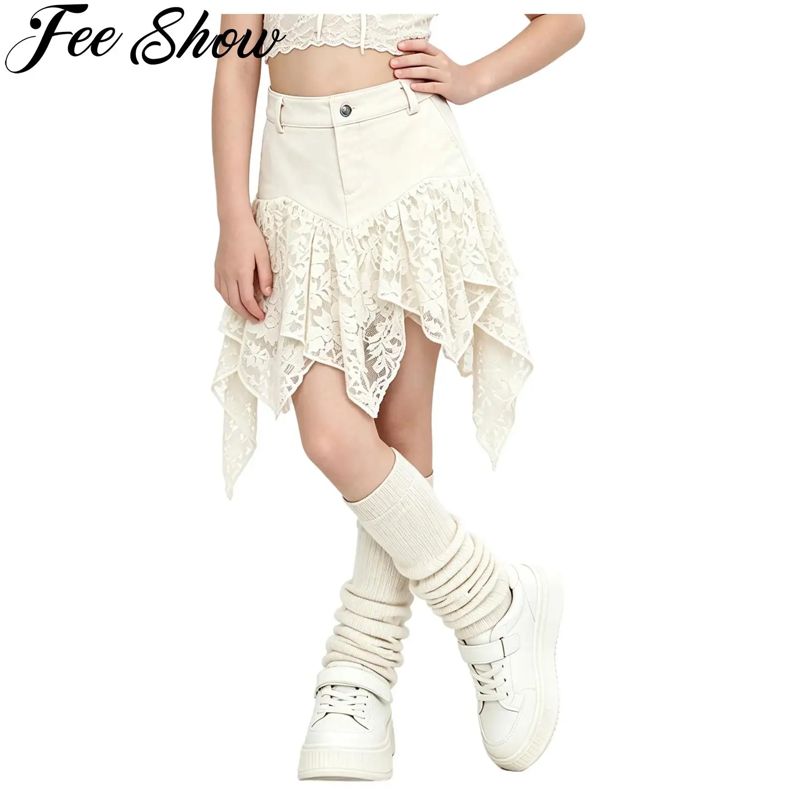Kids Girls Y2K Irregular Skirt Flowy Lace Patchwork Zipper Fly Skirts with Pockets for Birthday Party Jazz Hop Hop Street Dance