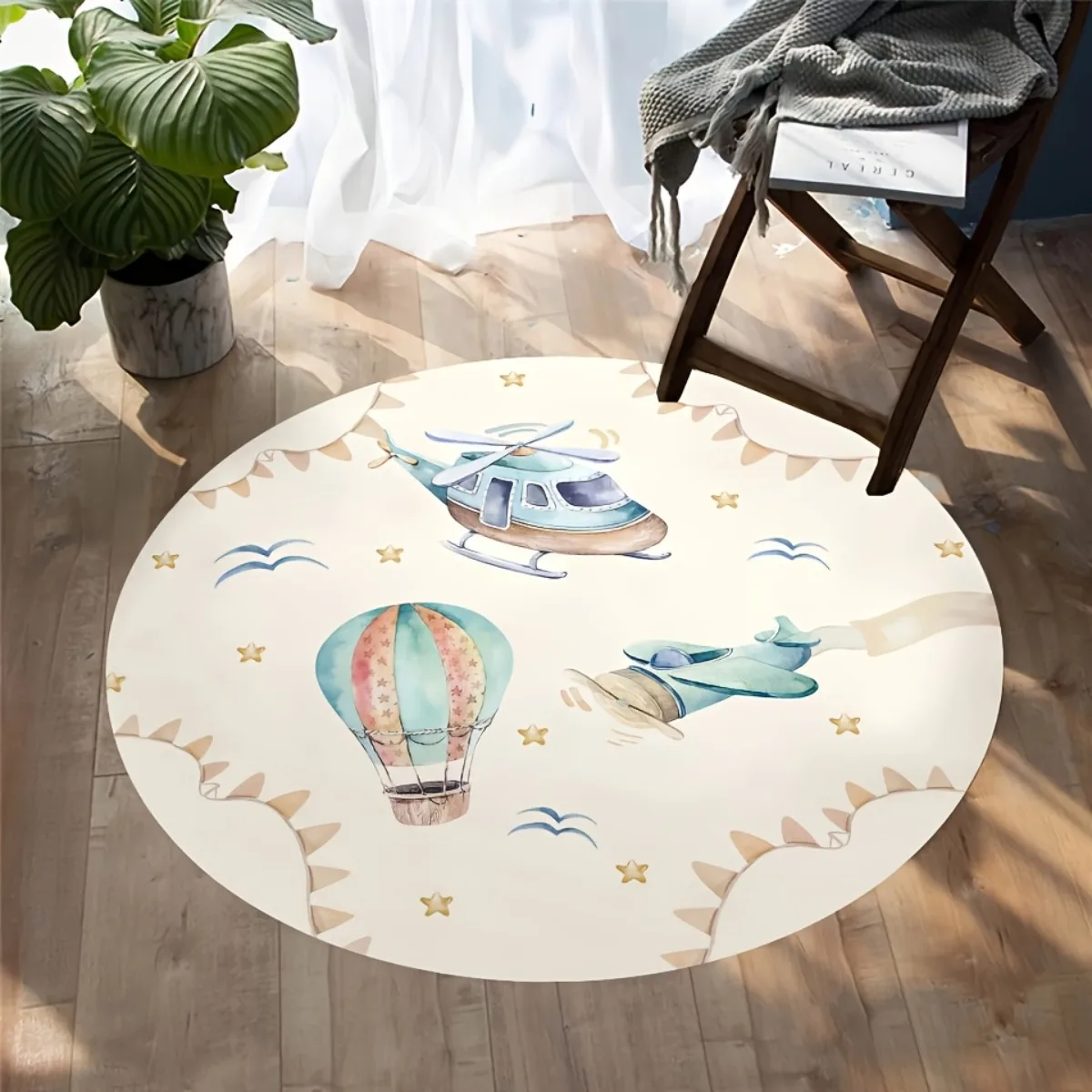Whimsical Hot Air Balloon Airplane Round Play Mat Watercolor Nursery Decor Area Rug for Kids Room Baby Bathroom Floor Mat