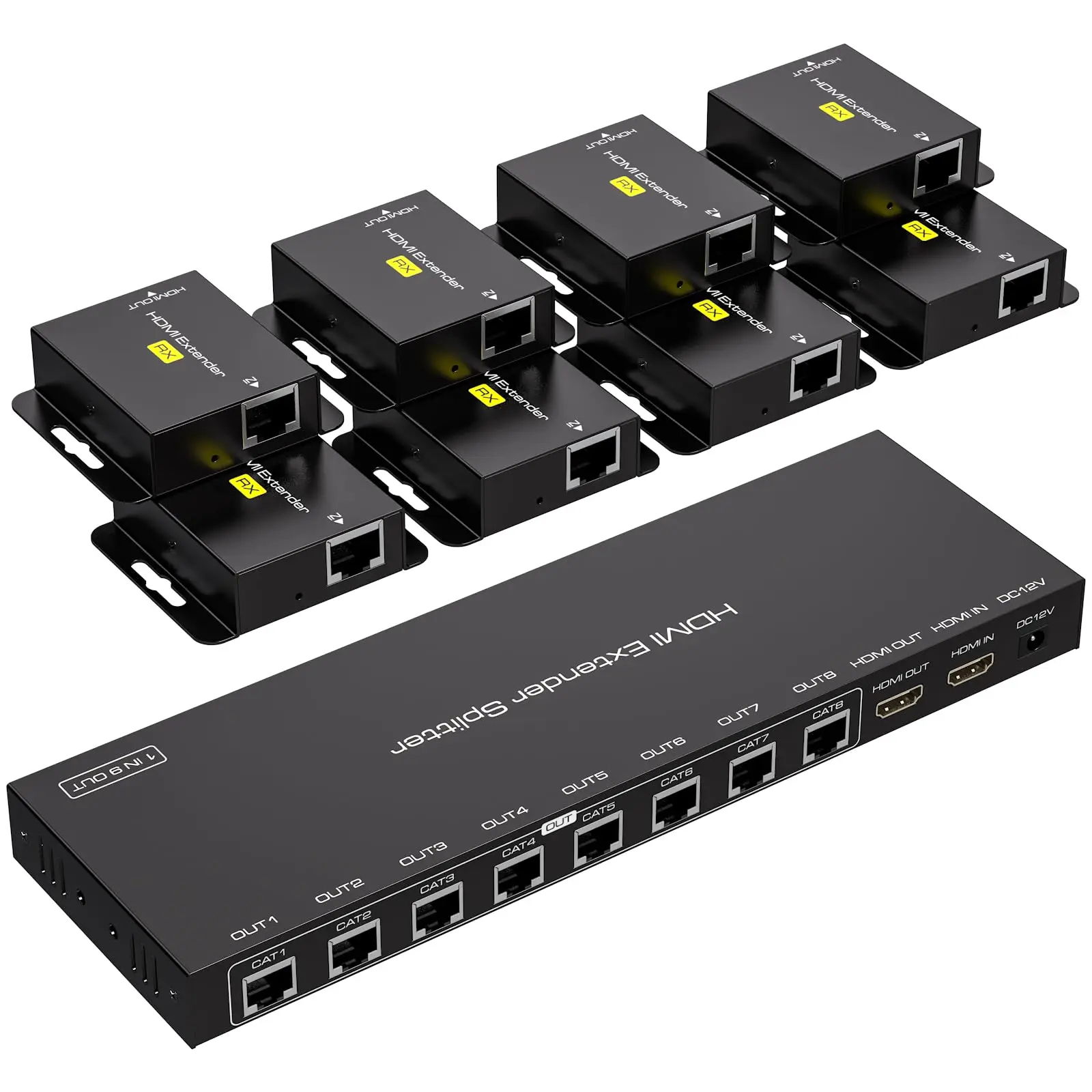 8 Port HDMI Extender Splitter 1 in 8 Out Over Cat6/7 Ethernet Up to 50 m / 165 ft with 1 HDMI Loop Out Support 1080P @ 60Hz EDID