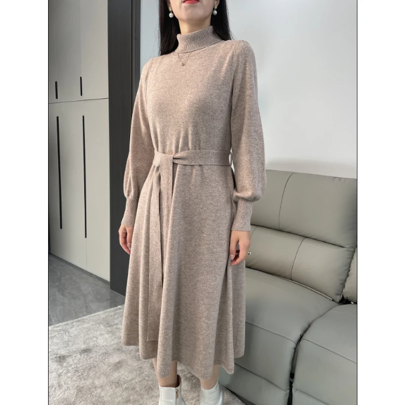 Dress Women\'s Autumn and Winter Knitted Thickened High Neck Long Sleeve Solid Color with Coat Medium Long Warm Fashion Elegant