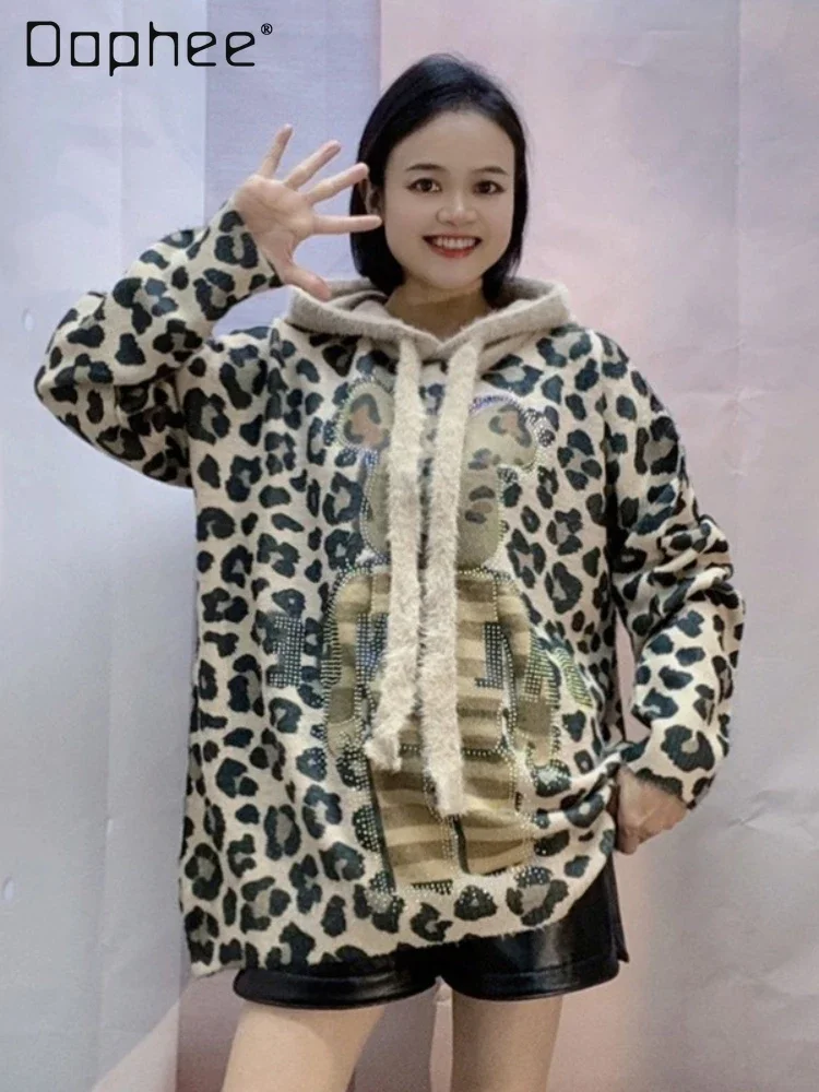 

Autumn and Winter Mid Length Loose Casual Cartoon Pullover Sweater Vintage Fashion Thickened Leopard Print Hooded Sweater Women