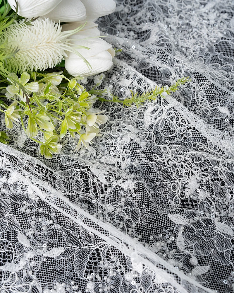 Beaded Floral Lace Fabric White Pearls Sequins Tulle Mesh Fabric Exquisite Embroidery Floral Pattern Wedding Dress