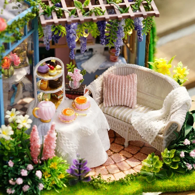 Animacja Cartoon Diy Cabin Rose Garden Teahouse Ręcznie składane drewniane zabawki Model domu Kobieta Prezent urodzinowy Urządzenia peryferyjne