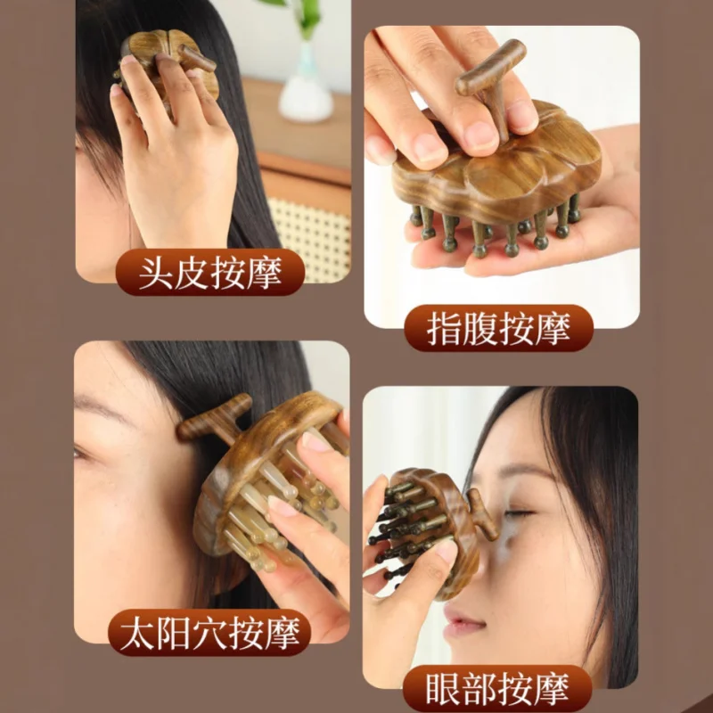 Natural Green Sandalwood Horn Massage Comb Meridian Treatment, Hair Massager, Petal-Shaped Gua Sha Therapy