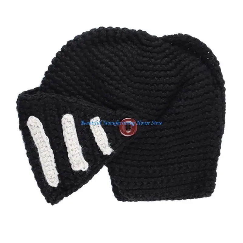 

E56A Unisex Autumn Crochet Knitted Roman Knight Helmet Beanie Hat Color Barbarian Earflap Skullies Cap with Removable Face