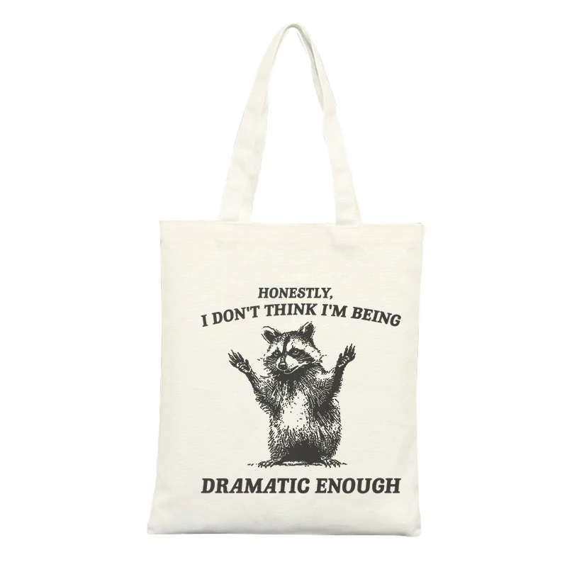 Canvas Tote Bag with Raccoon Graphic and Slogan Print, Ideal for Casual Daily Use and Shopping Outings