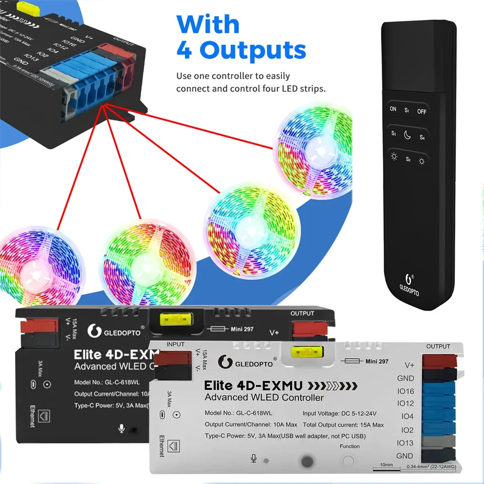 GLEDOPTO ESP32 Smart RGB Controller 15A Max Compatible with Home Assistant /Alexa WS2812B SK6812 12V 24V Smart Home Lighting DIY