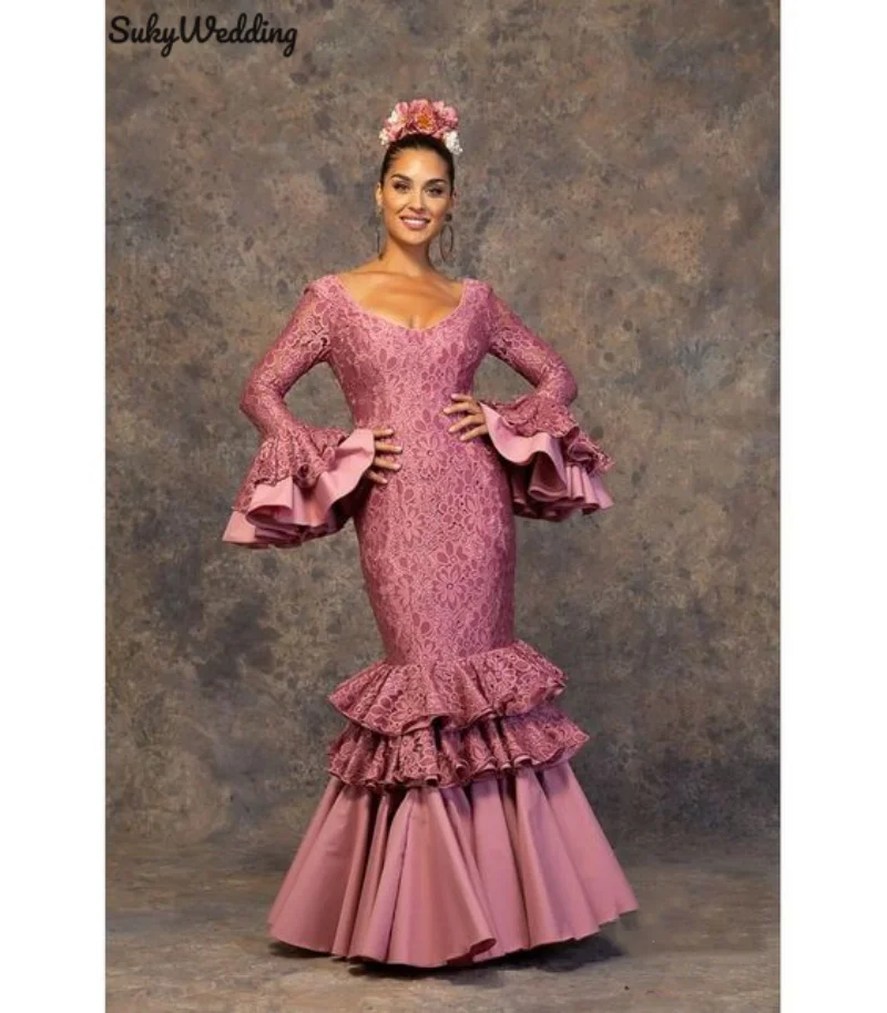 Sexy Flamenco Prom Dresses Mermaid Retro Palace Women Ruffles Tiered Flare Sleeve Flamenco Costume Spanish Formal Party Wear