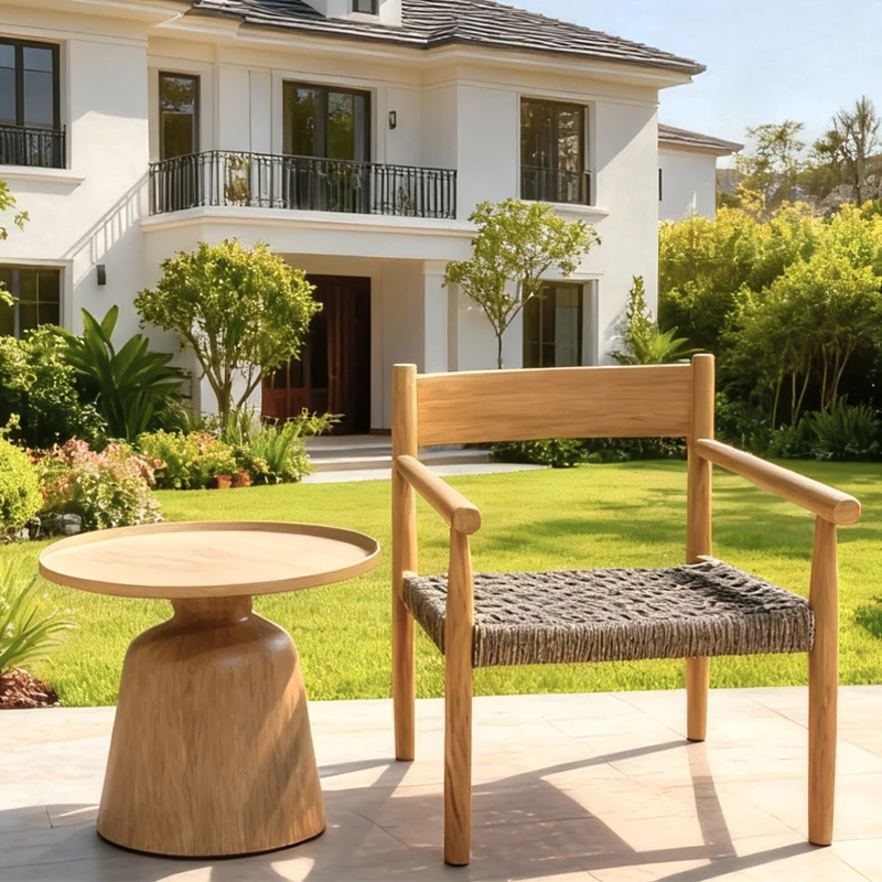 Outdoor Courtyard Teak Leisure Chair Coffee Table Set Villa Garden Lounge Chair Terrace Solid Wood Rope Woven Sofa Armchair