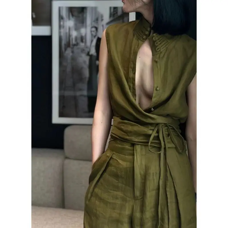 2024 Summer Design Sense Fashion Set New Chinese Style Chinese Style Pan Button Green Vest Wide Leg Pants Two Piece Set