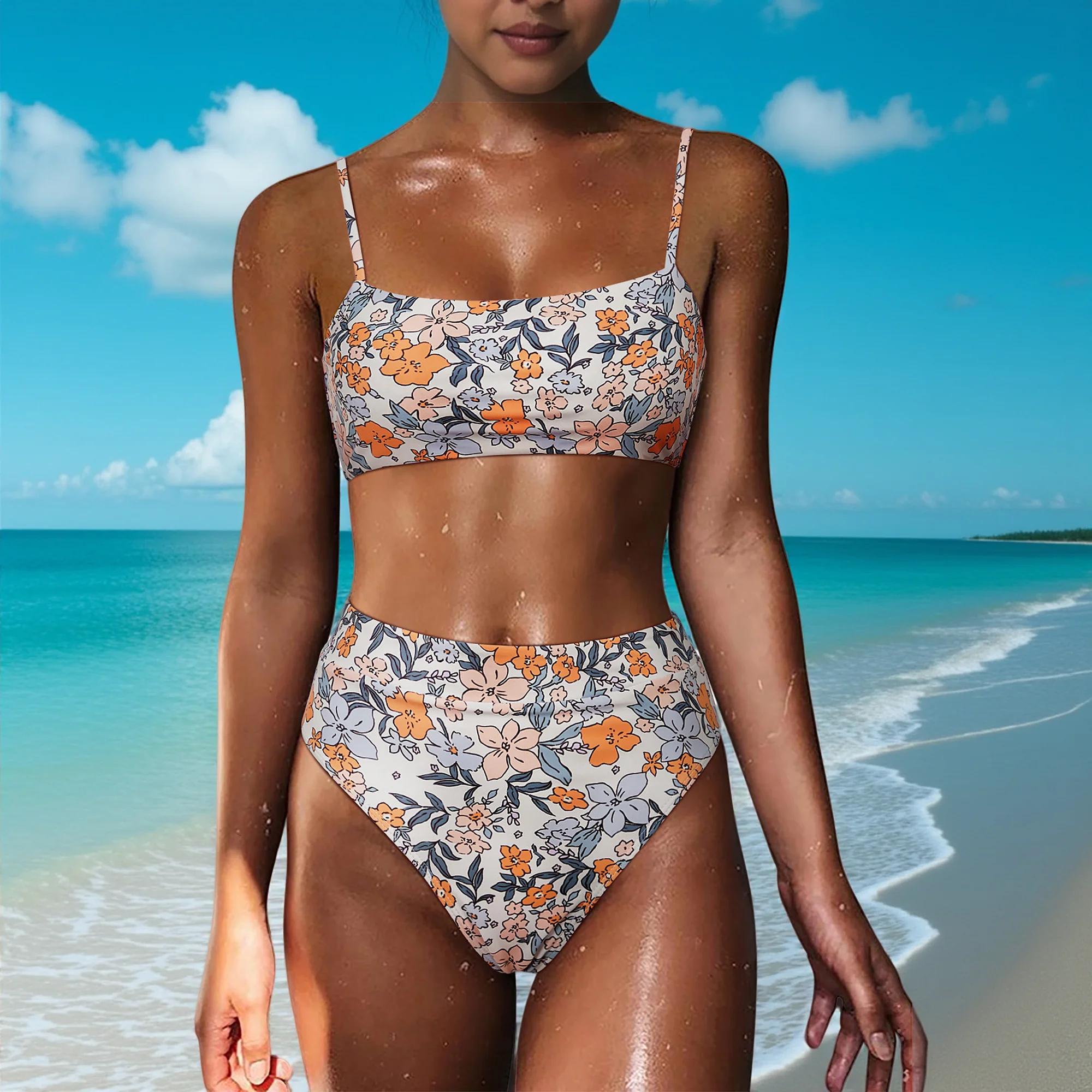 ارتفاع واسط مجموعة البكيني النساء حزام الكتف المايوه الصلبة ملابس السباحة مثير رفع 2 قطعة بيكيني مجموعات الإناث