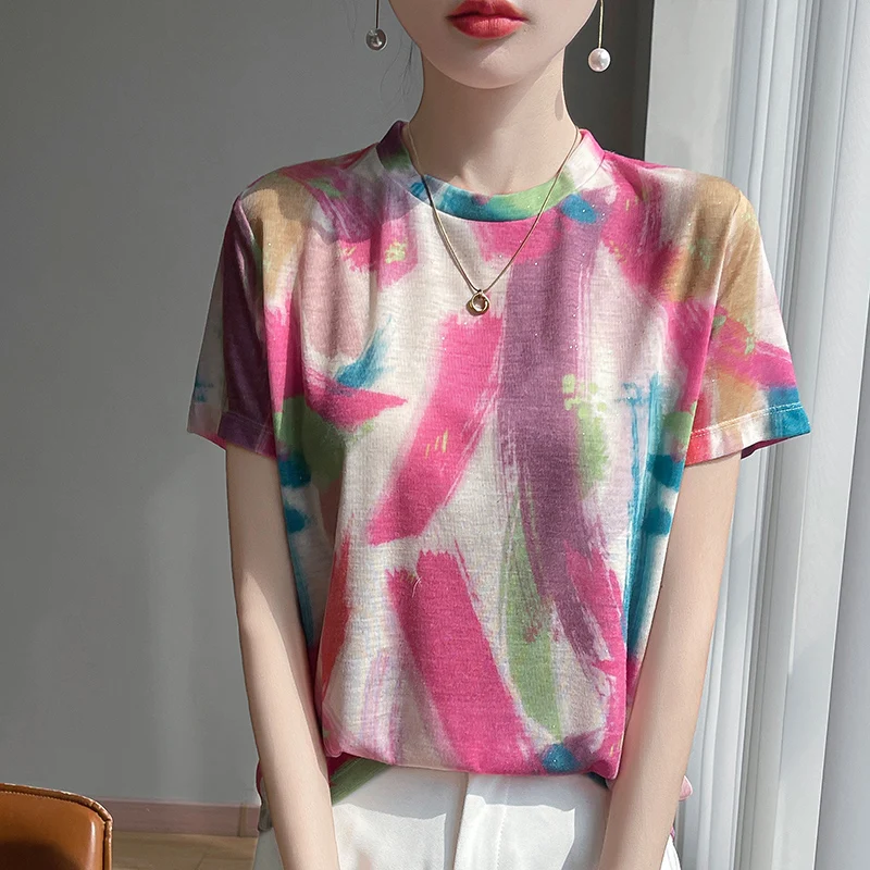 Spring And Summer New Round Neck Knitted Short Sleeve T-shirt Women\'s Printed Loose Bottoming Top