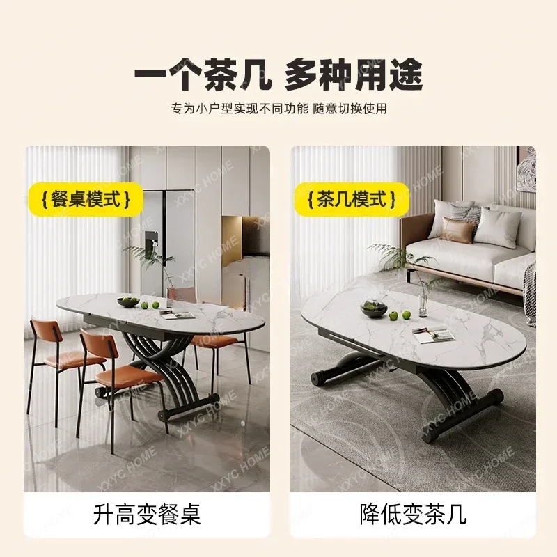 

Rock slab dining coffee table lifted lowered folding pull table dual-purpose mobile small apartment steel frame multi-function