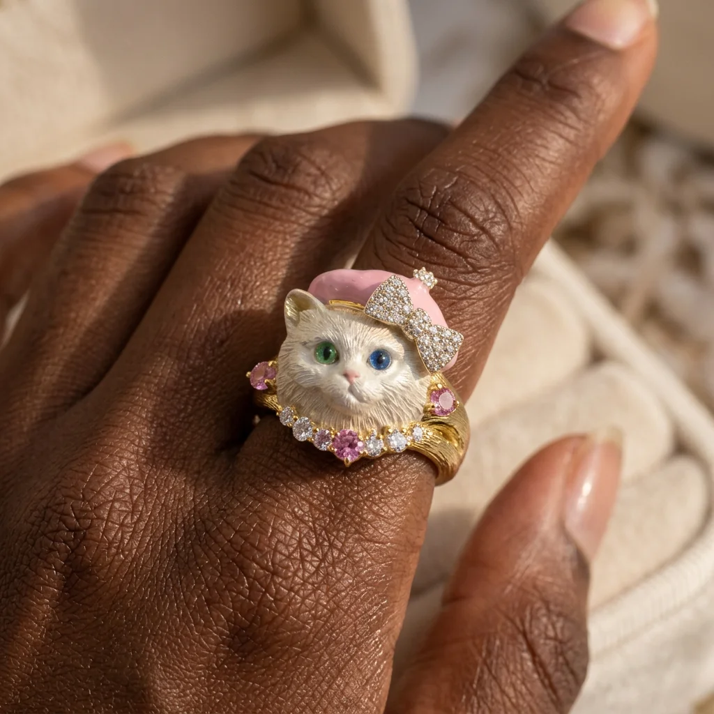 Süße, bezaubernde Schleifenknoten-Katzenringe, rosa Emaille, Cartoon-Tier-Kätzchen-Hund, klobiger Fingerring mit glänzendem Zirkon, Modeschmuck