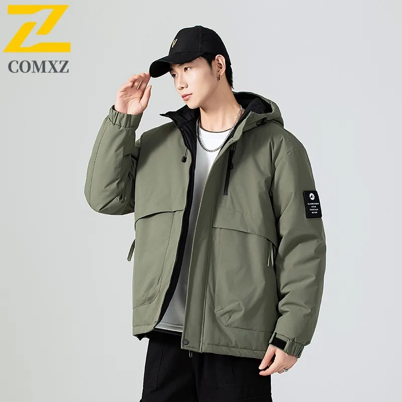 COMXZ Mens Stand Collar Fleece Lined Diamond Quilted Puffer Hooded Jacket Winter American Style Waterproof And Windproof Coat