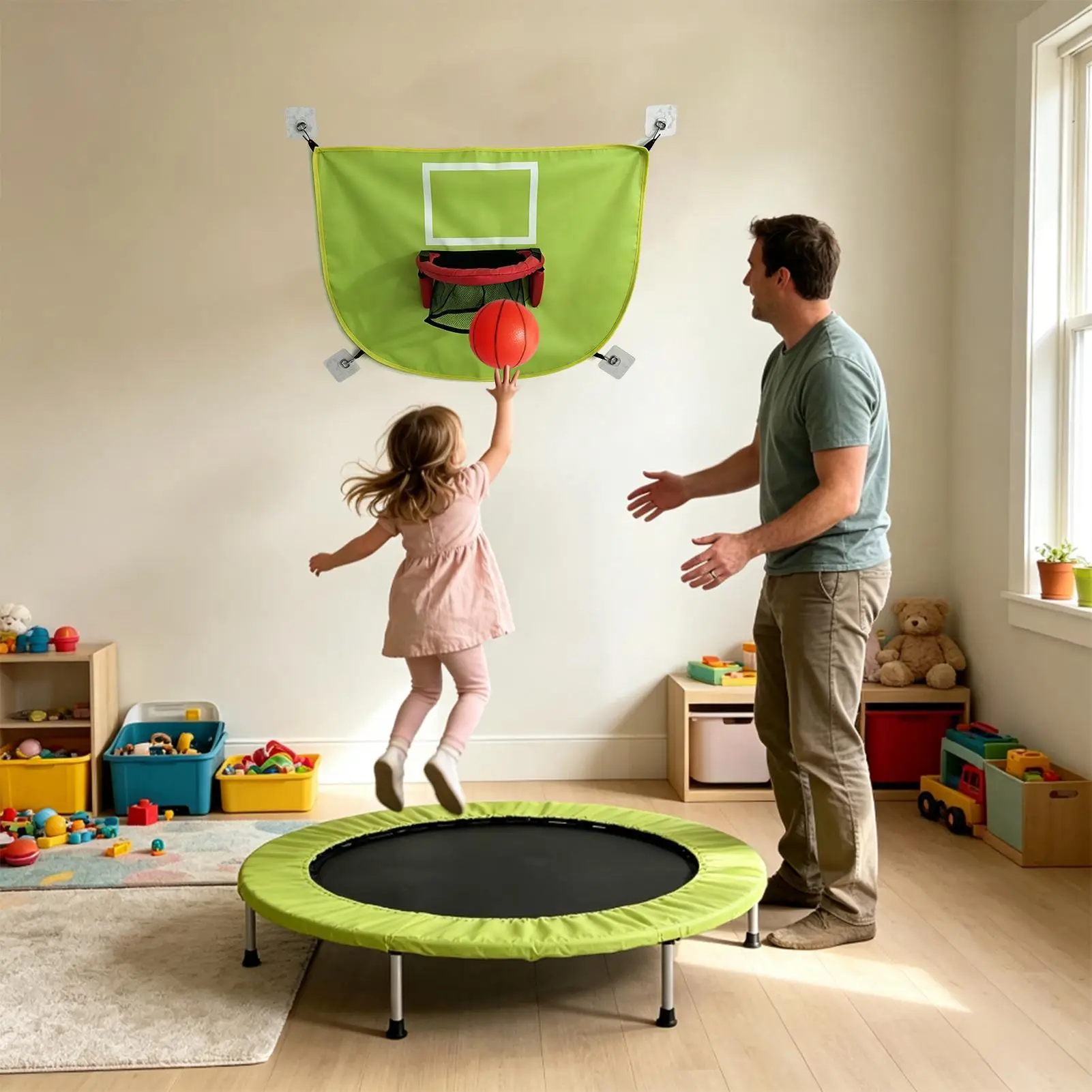Foldable Trampoline Basketball Hoop Kit with Pump 3 Balls Universal Easy Assemble Indoor Outdoor Fun Basketball Training Safety