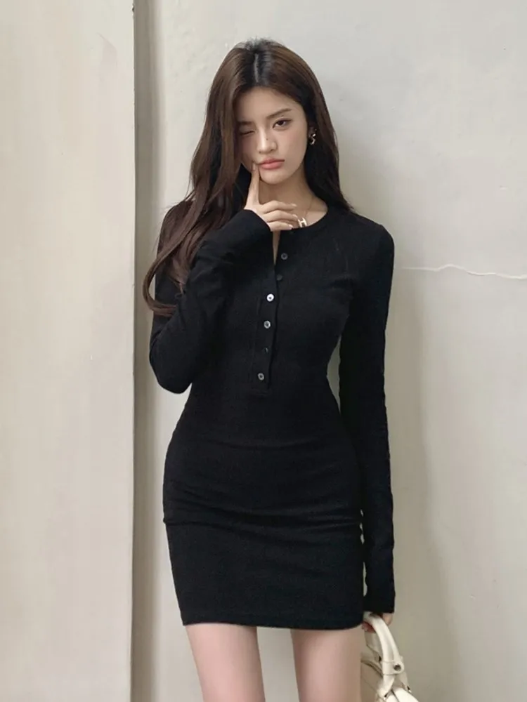 Hot Girl Black Knitted Dress Women Korean Long Sleeve Single Breasted O-neck High Waist Bodycon Vestidos Casual One Piece Dress