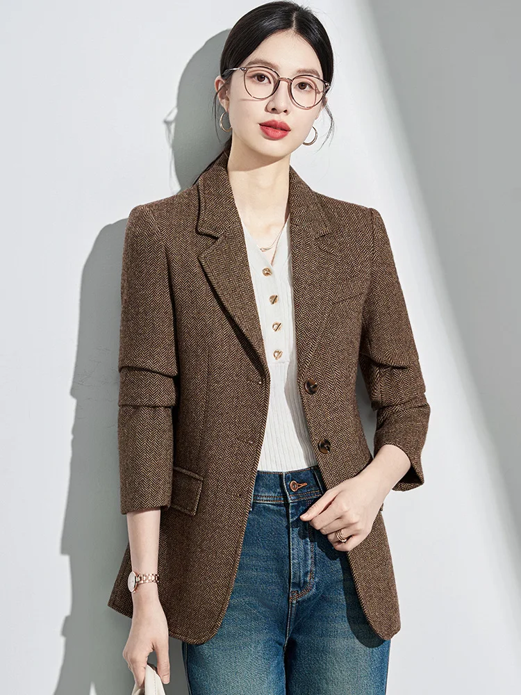 

Женский пиджак карамельного цвета в корейском стиле, повседневный шерстяной жакет для отдыха, профессиональный деловой топ, укороченный, в корейском стиле