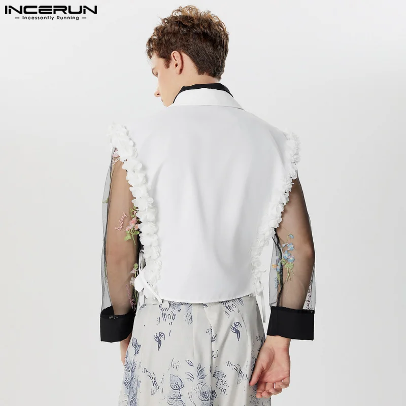 INCERUN Men Shirt Lapel Sleeveless Lace Up Split Fashion Irregular Shirts Streetwear 2024 Flower Patchwork Casual Men Clothing