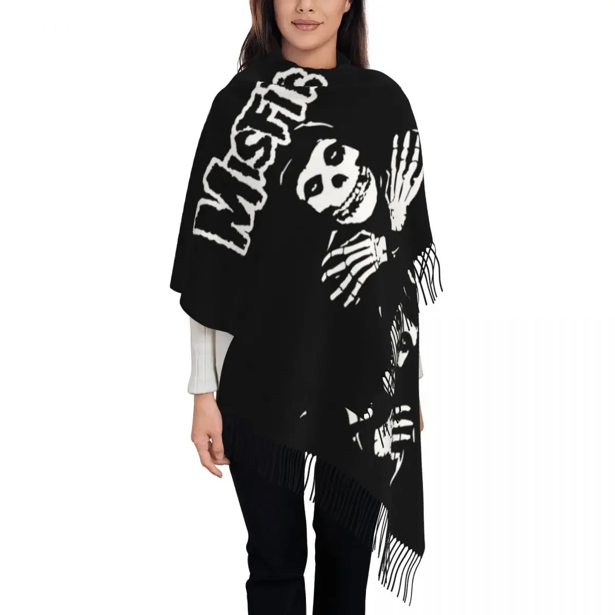 Custom Lady Large Horror Punk Rock Misfits Skull Scarves Women Winter Fall Thick Warm Tassel Shawl Wraps Scarf