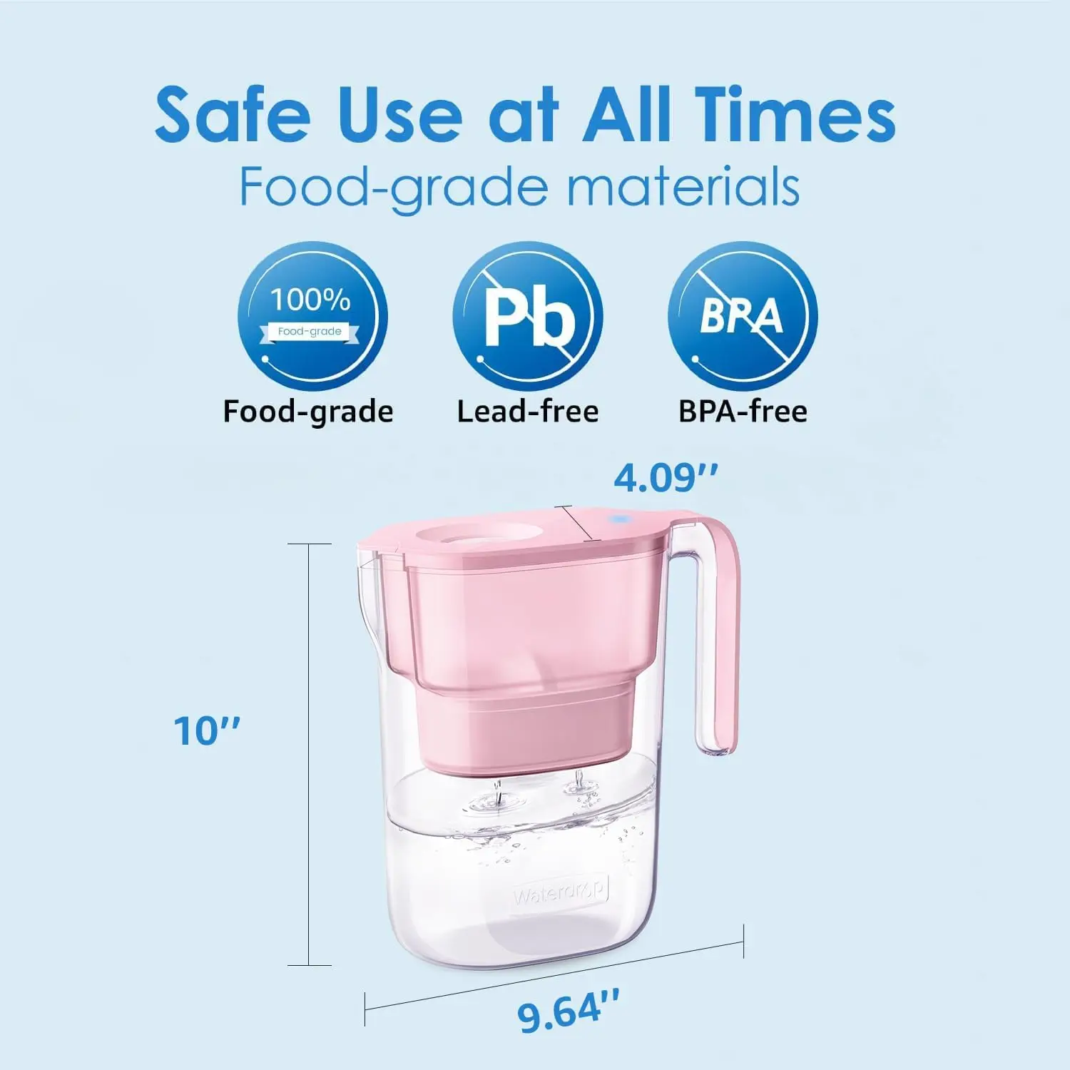 Waterdrop Water Filter Pitcher with 4 Filter, Lasts 200 Gallons, Reduces PFOA/PFOS, Chlorine, 7-Cup Capacity, Elfin, Pink