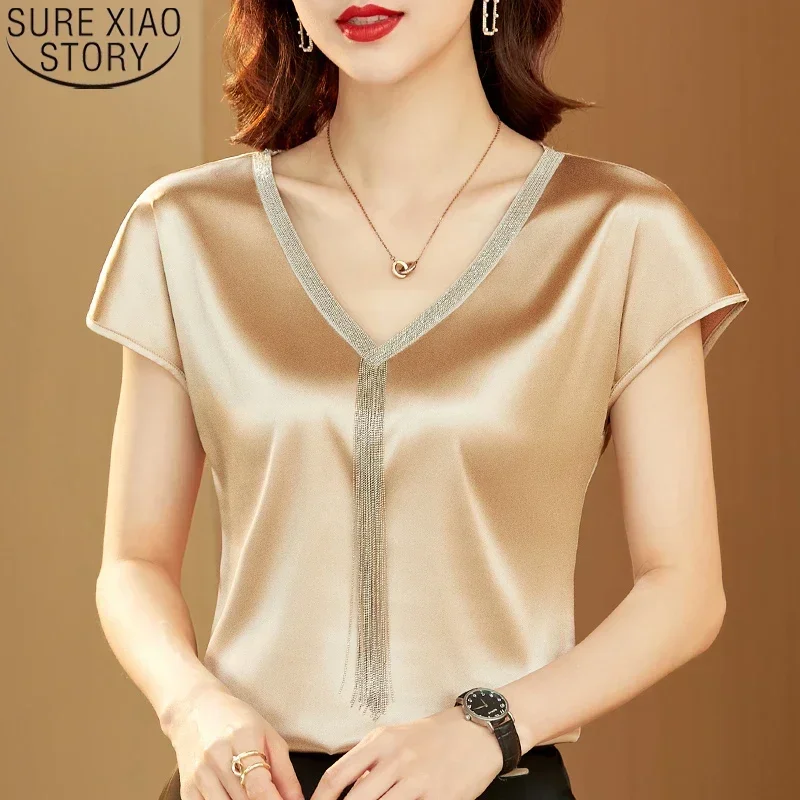 Office Lady Casual Loose Tops Mujer Satin Blouse Women Summer Short Sleeve Shirt Solid Fashion Tassel V-neck Clothes 15494