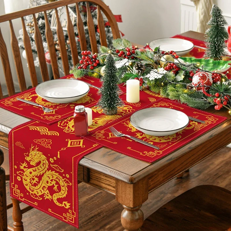 New Chinese Dragon Pattern Linen Table Runner for Home Kitchen Living Room Holiday Party Rectangular Decorative Accessories