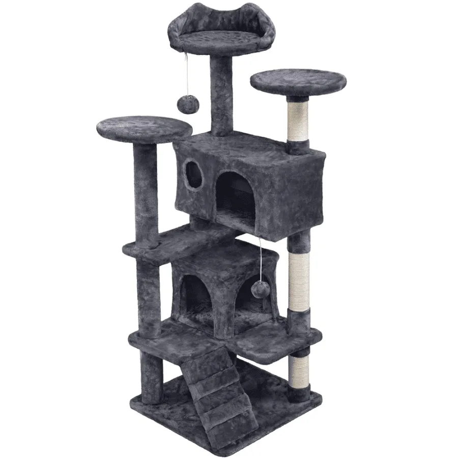 

54.5 H Double Condo Cat Tree with Scratching Post Tower for Multi-Cat Households Dark Gray