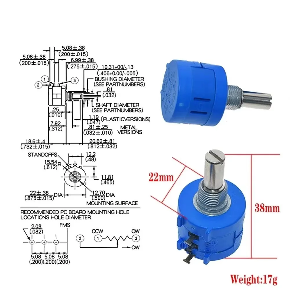 50Pcs 3590S Multiturn Potentiometer 500/1K/2K/5K/10K/20K/50K/100K Ohm Adjustable Resistor 102/202/502/103