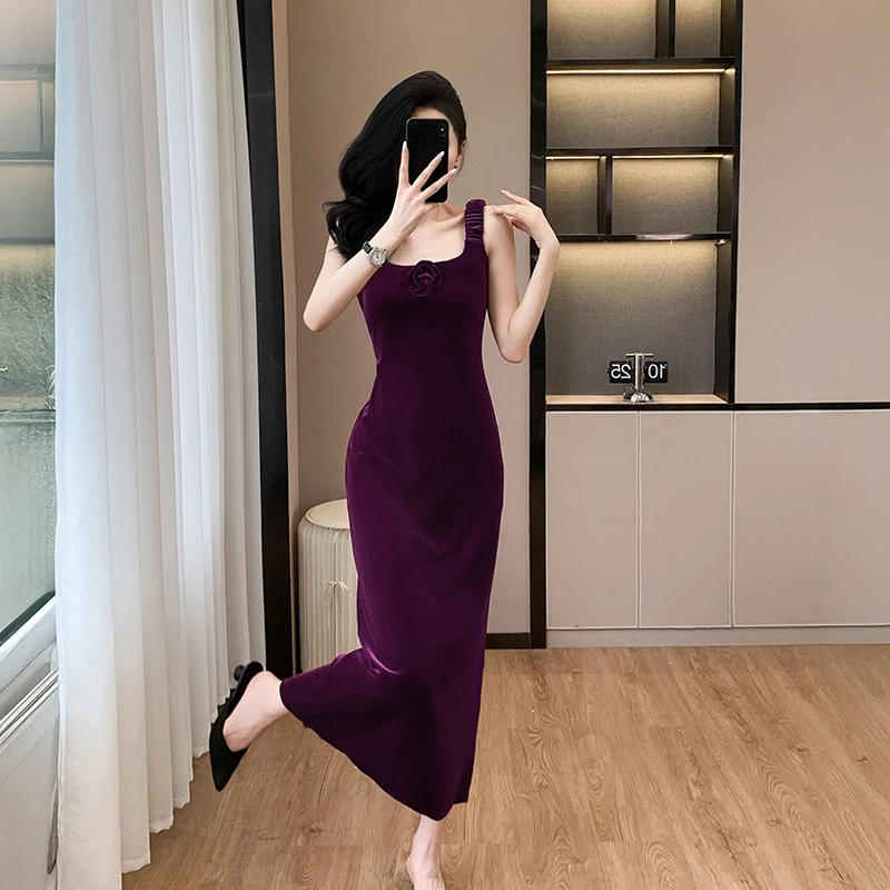 French High End Fall Winter Sleeveless Tank Velvet Purple Long Dress Women Square Collar Rose Foral Split Bodycon Party Clothes